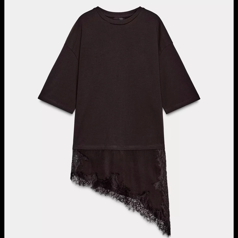 Combination lace top-  Asymmetric Lace Hem Tee